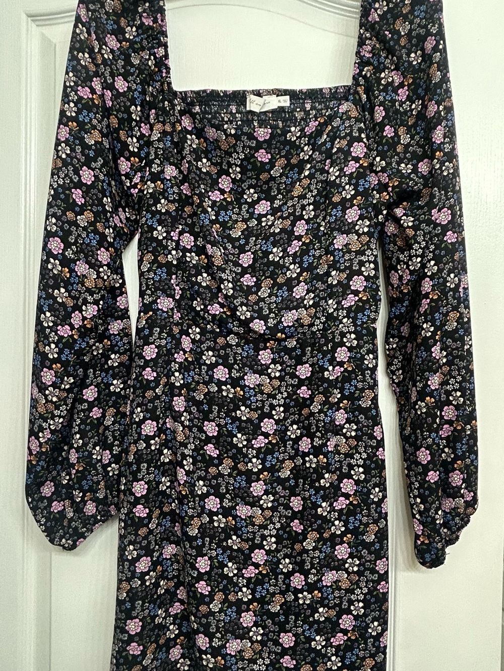 All in Favor Black Floral Square-Neck Long Sleeve Midi Dress